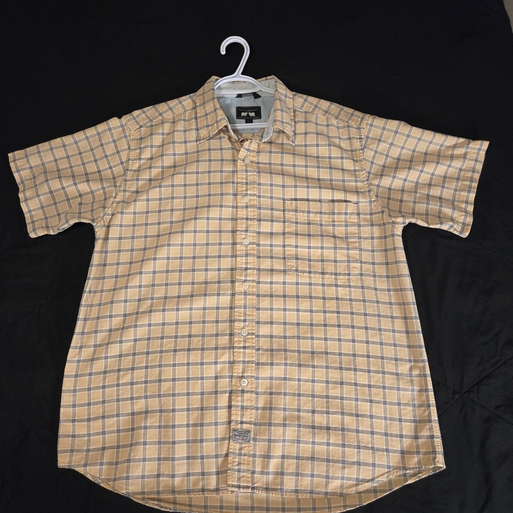 Woods & Gray Shirt Mens Large Yellow Plaid 100% Cotton Short Sleeve Button Up